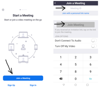 Zoom mobile screen showing Join a Meeting and Meeting ID entry